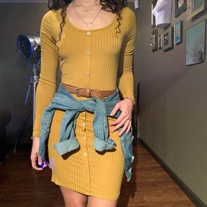 Mustard Yellow Long Sleeve Ribbed Dress